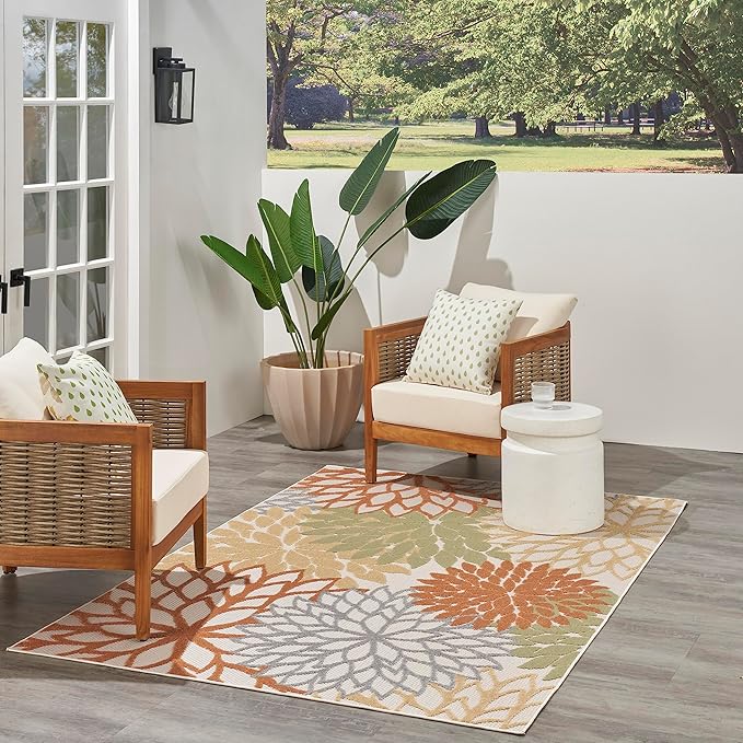 Nourison Home Aloha Indoor-Outdoor Ivory Multicolor 3'6" x 5'6" Area Rug, Easy Cleaning, Non Shedding, Bed Room, Living Room, Dining Room, Backyard, Deck, Patio (4x6)