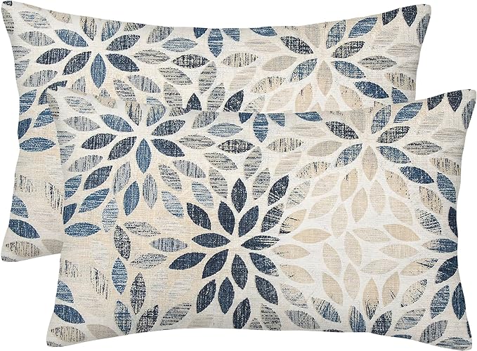 Dahlia Pillow Covers 12x20 Inch Set of 2 Summer Rust Geometric Flower Outdoor Decorative Throw Pillows Farmhouse Navy Blue Pillow Case Linen Lumbar Cushion Cover for Home Sofa Bedroom Living Room