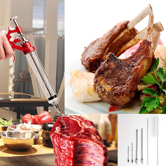 Meat Injector Marinade Gun Stainless Steel Outdoor Kit Flavor Food Syringes & 4 Marinades Needles for BBQ Grill Smoker Injectors Professional Syringe Held Culinary Barbecue Tool