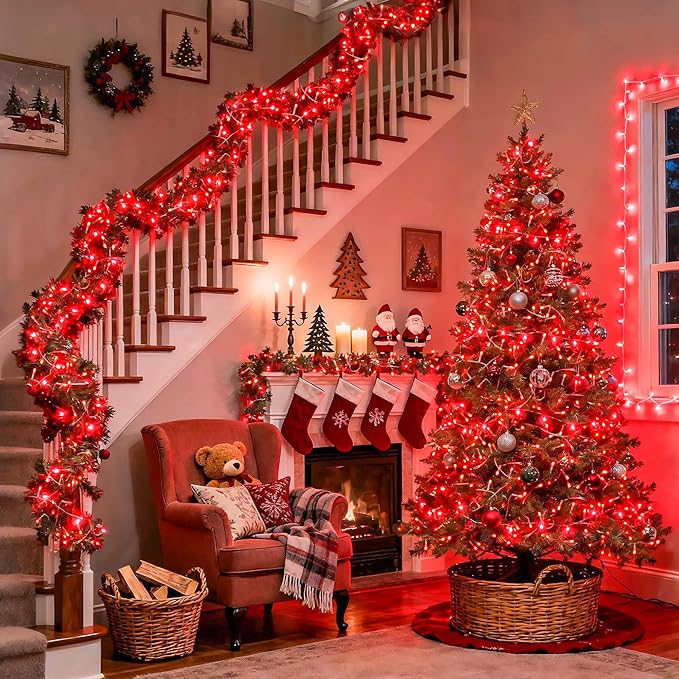 JMEXSUSS Red Christmas Lights Outdoor Indoor, 66ft 200 LED Red String Lights Clear Wire, 8 Modes Xmas Twinkle Fairy Light Plug in for Tree Room Party Christmas Decorations