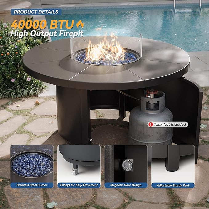 Kurapika 5 Pieces Patio Furniture Set, Rattan Wicker Outdoor Conversation Sets, 4 Woven Rattan Swivel Chairs w/48in Propane Fire Pit Table and Thickened Cushions, Navy Blue