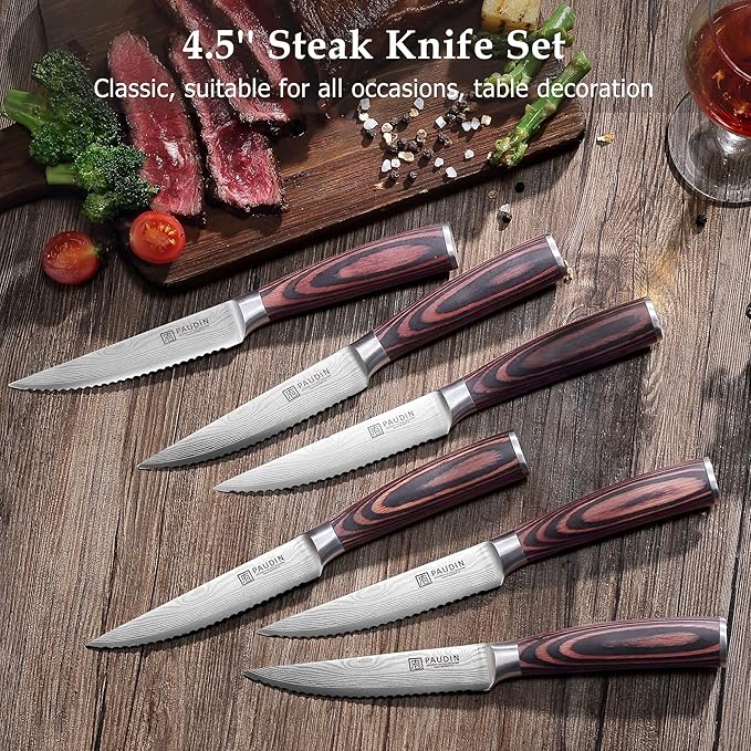 PAUDIN Steak Knives Set of 6, Kitchen Steak Knife 4.5 Inch, High Carbon Stainless Steel Steak Knives, Serrated Steak Knife with Pakkawood Handle, Dinner Knives with Gift Box
