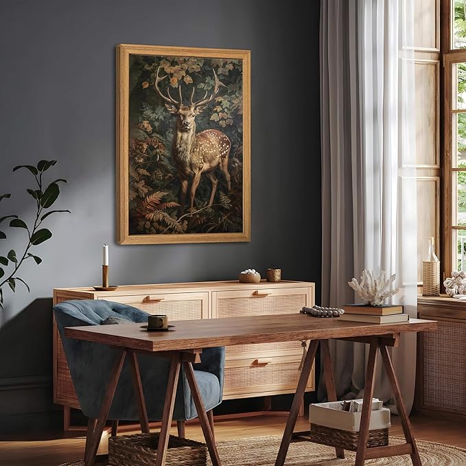 Framed 3D Textured Vintage Wall Art - Dark Academia Decor Sika Deer Hand Drawn Sandstone Paintings with Botanical Florals, Aesthetic Wall Decor for Living Room Bedroom Home 24x36 inch