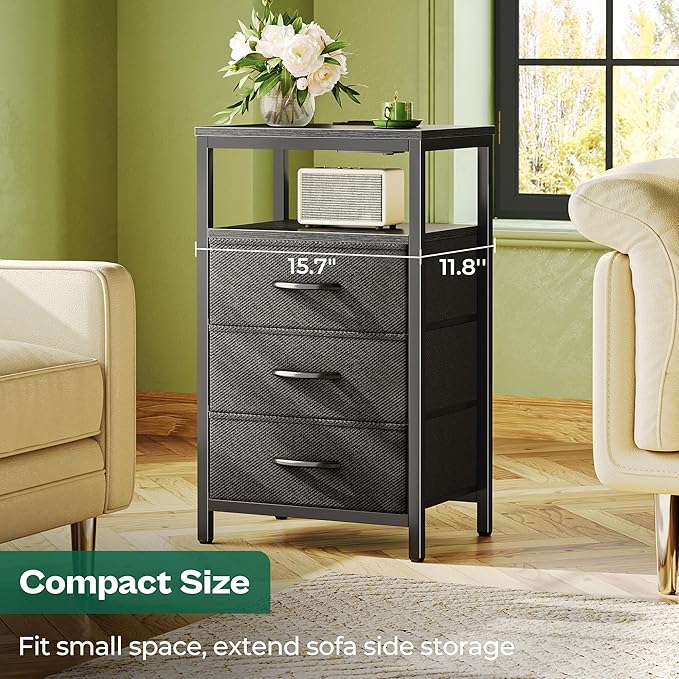 Huuger Nightstands Set of 2, 27.6 Inch End Tables with Charging Station, Bed Side Tables with Fabric Drawers, USB Port and Outlet, Night Stands for Bedroom, Black