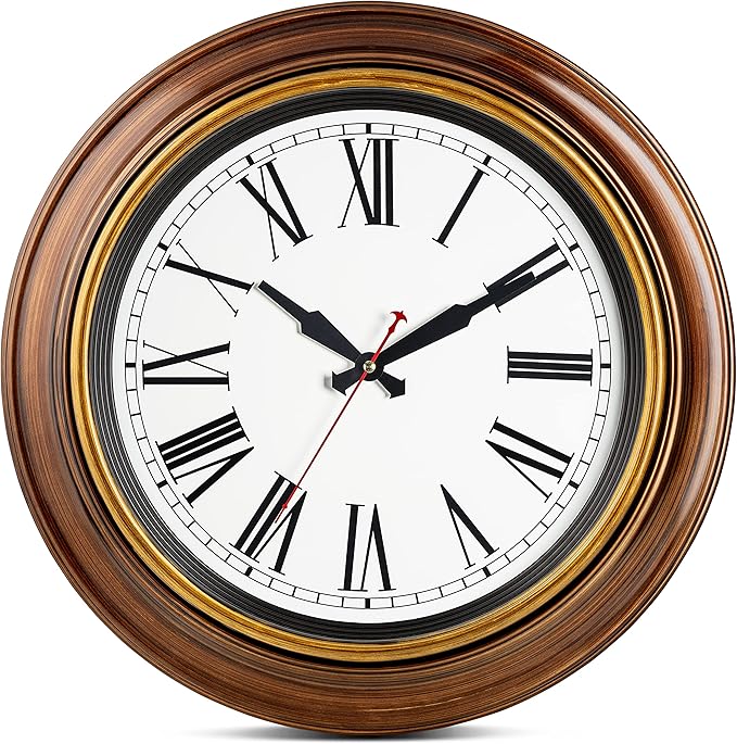 Bernhard Products Extra Large Wall Clock 18 Inch Quality Quartz Silent Non Ticking, Battery Operated for Home/Living Room/Over Fireplace Beautiful Decorative Roman Numeral Stylish Clock, Light Brown