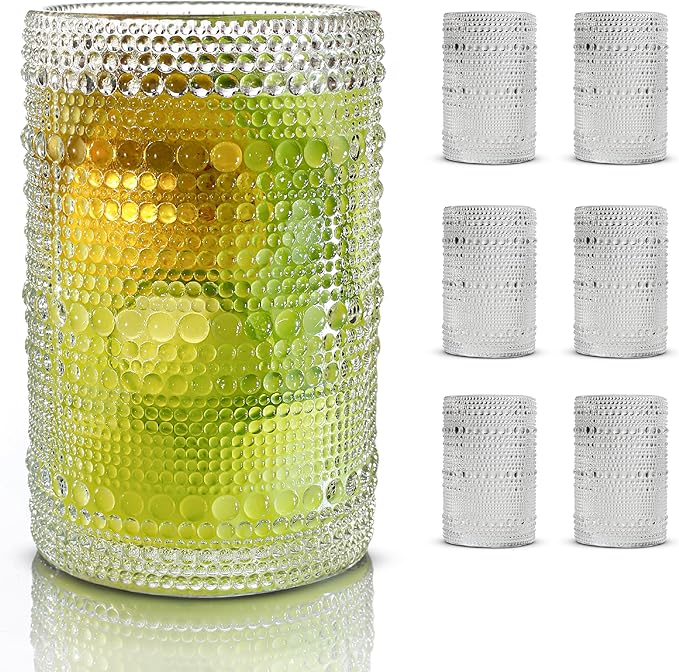 Hobnail Drinking Glasses, Vintage Glassware Set of 6, Vintage Drinking Glasses 14.54 oz, Bubble Glasses Drinking, Hobnail Glasses, Vintage Glass Cups, Jupiter Glasses for Juice, Soda, Beer, Whisky