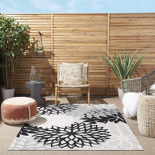 Nourison Aloha Indoor/Outdoor Black White 3'6" x 5'6" Area Rug, Tropical, Botanical, Easy Cleaning, Non Shedding, Bed Room, Living Room, Dining Room, Deck, Backyard, Patio (3x5)