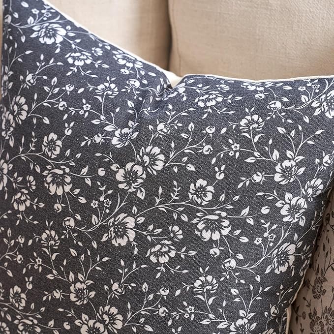 Alerfa Set of 2 Floral Pillow Covers 18x18, Vintage Block Print Throw Pillow Covers Decorative Farmhouse Accent Couch Pillows for Living Room Bedroom, Black