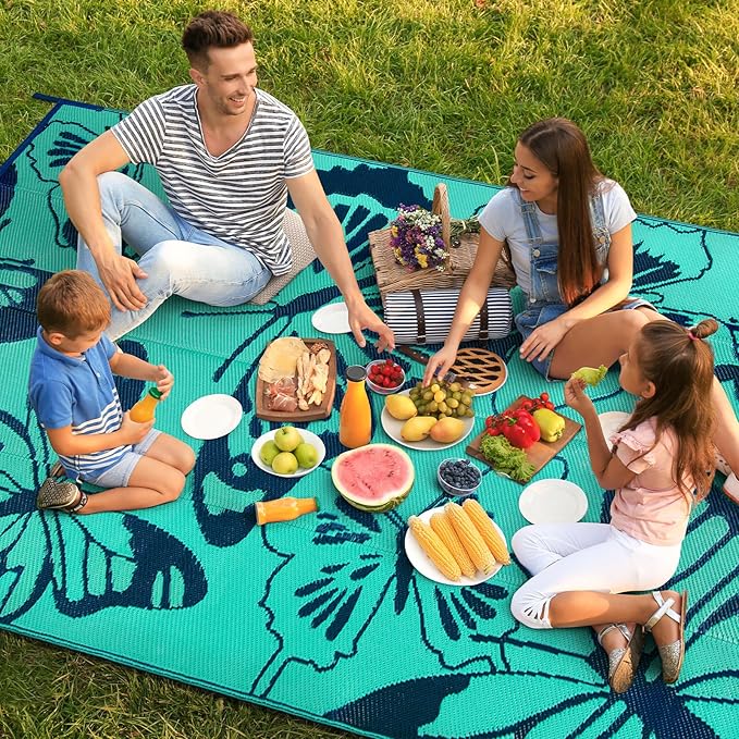 Beeiva Butterfly 6x9 Outdoor Rugs for Patios, Reversible Plastic Patio Rugs Outdoor Waterproof 6 x 9, Outdoor Rug Waterproof for Picnic Backyard Balcony Porch Beach Camping Deck - Teal