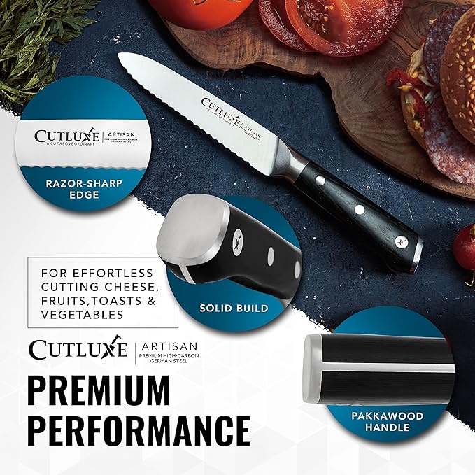 Cutluxe Kitchen Utility Knife – 5" Serrated Ultra Sharp Blade, Ergonomic Handle, Full Tang – Forged High Carbon German Steel – Artisan Series