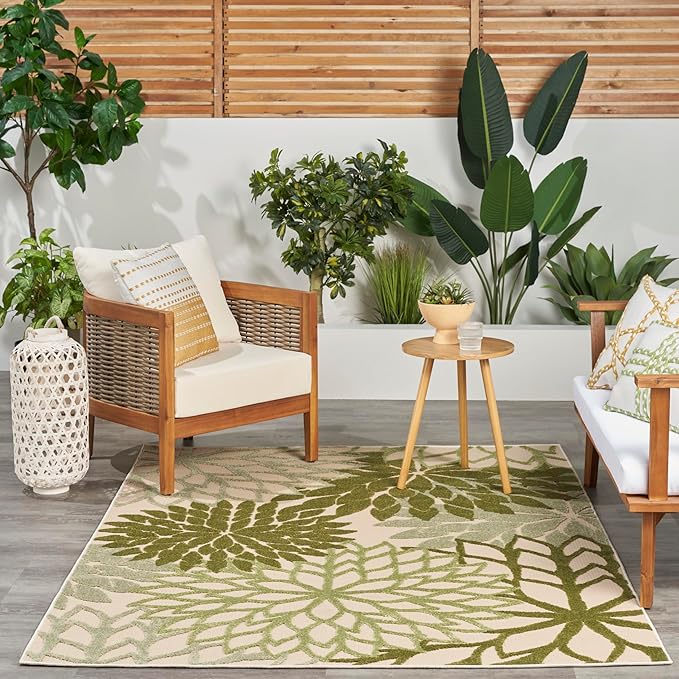 Nourison Home Aloha Tropical Indoor/Outdoor Ivory Green 5'3" x 7'5" Area Rug, Easy Cleaning, Non Shedding, Bed Room, Living Room, Dining Room, Backyard, Deck, Patio (5x7)