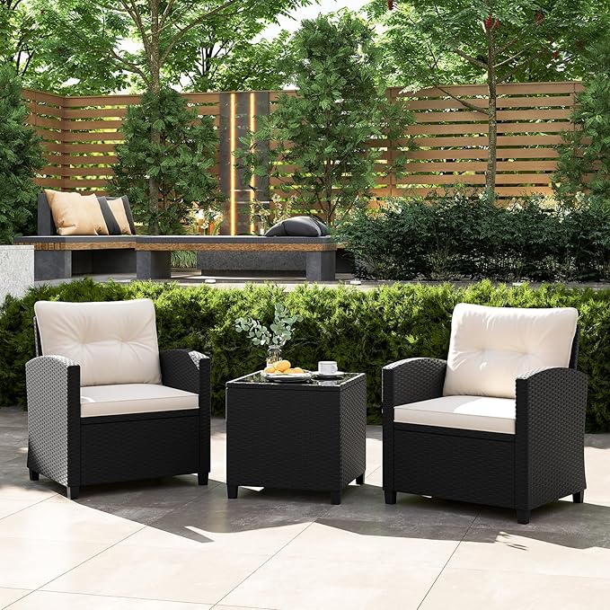 Tangkula 3 Piece Patio Furniture Set, Rattan Conversation Set w/Soft Seat & Back Cushions, Tempered Glass Topped Coffee Table, Cushioned Wicker Seating Set for Backyard, Porch, Poolside (Off White)