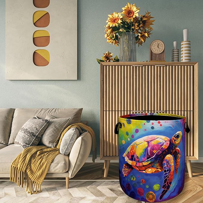 Colorful Sea Turtle Laundry Basket Foldable With Handles Tote Bag Oxford Cloth Cute Turtles Laundry Hamper 18.9" x 16.5" Clothes Storage Bucket Toy Organizer For Bathroom/Laundry/Bedroom