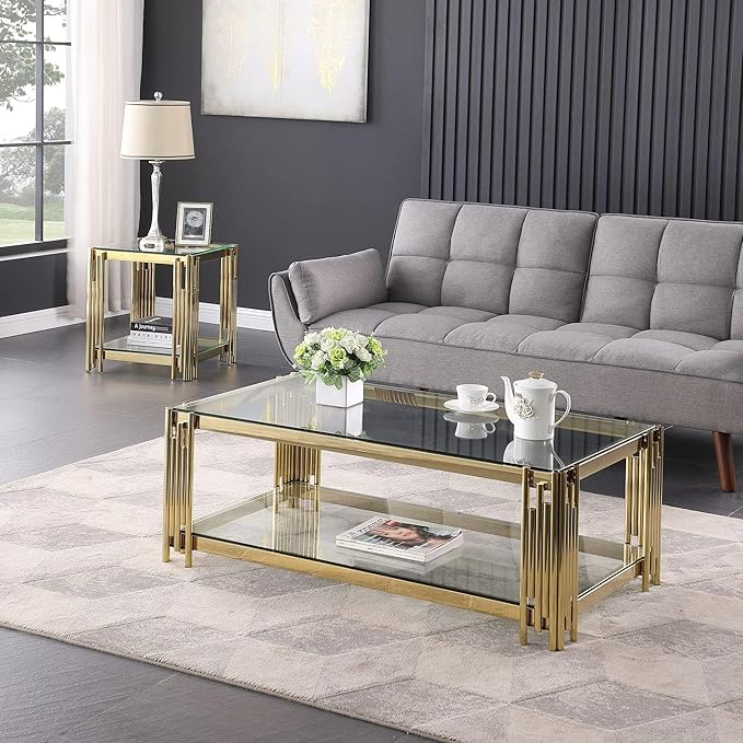 Goujxcy Glass Coffee Table and End Table Set of 3, Luxury Coffee Table Set with Tempered Glass & Gold Stainless Steel Legs, 3 Piece Living Room Table Set for Bedroom Home Office