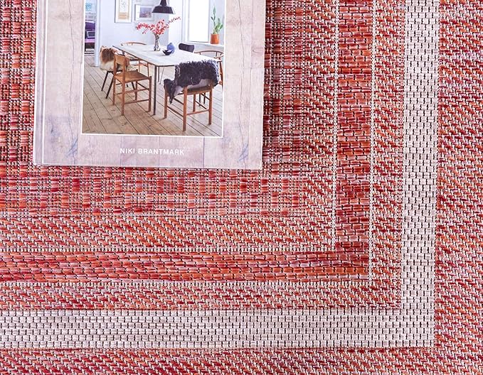 Unique Loom Outdoor Border Collection Area Rug - Soft Border (5' 3" x 8' Rectangle, Rust Red/ Ivory)