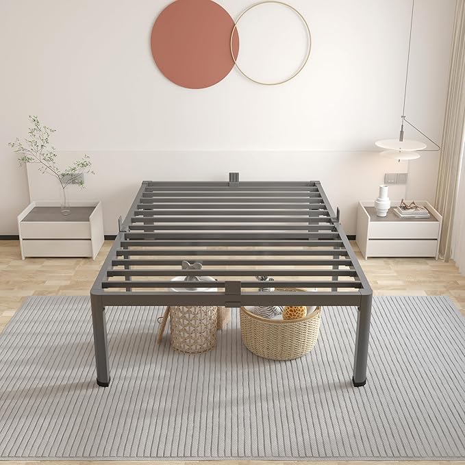 ROIL 14 inch Twin XL Bed Frames with Headboard Hole and Round Corner Legs Mattress Retainers 3500LBS Heavy Duty Steel Slats No Box Spring Needed Platform Noise-Free Underneath Storage