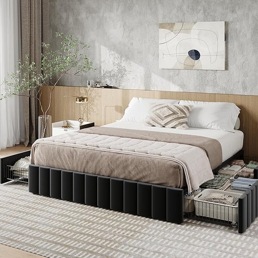 Allewie Queen Size Platform Bed Frame with 4 Large Storage Drawers, Velvet Vertical Channel Tufted Upholstered Bed Base, Wooden Slats Support, Noise-Free, No Box Spring Needed, Easy Assembly, Black
