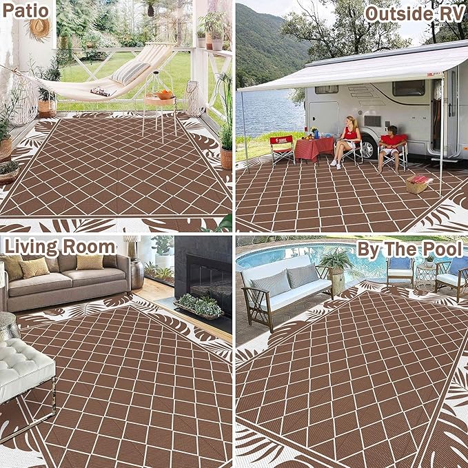 Ileading Outdoor Rug Carpet for Patio 9'x12' Waterproof Reversible Plastic Straw Rug Portable Outside Area Rug Camping Mat for Patio, Clearance, Balcony, Picnic, Pool, Beach, RV, Deck, Brown