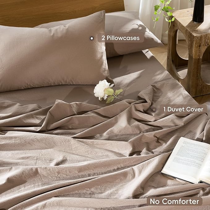 MooMee Bedding Duvet Cover Set 100% Washed Cotton Linen Like Textured Breathable Durable Soft Comfy (Solid Brown, Full 80"x90")