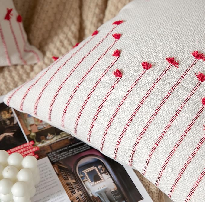 Caflife Boho Christmas Throw Pillow Covers 20x20 Set of 2, Holiday Christmas Decorative Pillow Covers Beige with Red Line for Modern Farmhouse Couch Sofa Bedroom Living Room Outdoor