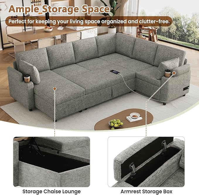 Ball & Cast 109.9" Sectional Sofa with Pull Out Bed, Chenille Upholstered Sleeper Sofa Bed with Storage Chaise, Convertible U Shaped Couch with Two Cup Holders and Charging Ports ，Light Grey