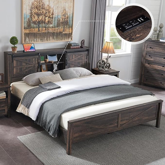 T4TREAM Farmhouse King Size Bed Frame w/Storage Bookcase Headboard, Sliding Barn Door, Charging Station, Rustic Wood Platform Bed w/Wood Slats Support, No Box Spring Needed, Dark Rustic Oak
