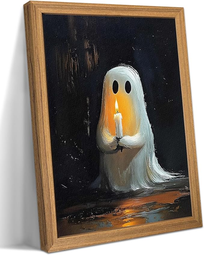 Framed Vintage Halloween Ghost Wall Art - Spooky Candle Ghost Fall Texture Pictures Wall Decor for Living Room, Kids Room, Halloween Bedroom or Party 12x16 inch