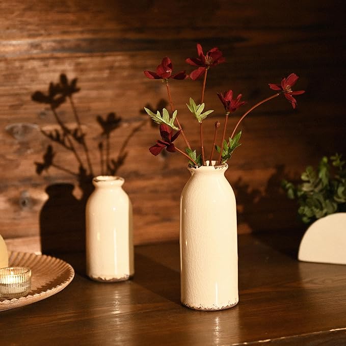 VICTOR & TERESA White Ceramic Vases Home Decor, Farmhouse Vase for Flowers, Flower Vase Set of 2, Rustic Decorative Vases for Pampas Grass, Table, Living Room, Shelf, Centerpieces, 8 inch