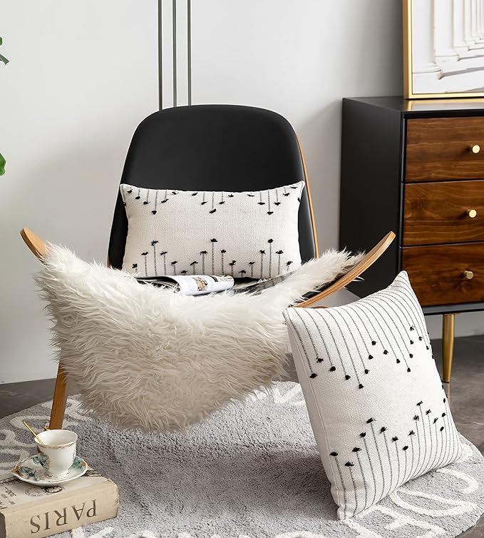 Boho Throw Pillow Covers 12x20 Set of 2 Decorative Pillows for Bed, Neutral Pillow Covers Beige with Black Line Throw Pillows for Modern Farmhouse Couch Sofa Living Room Outdoor