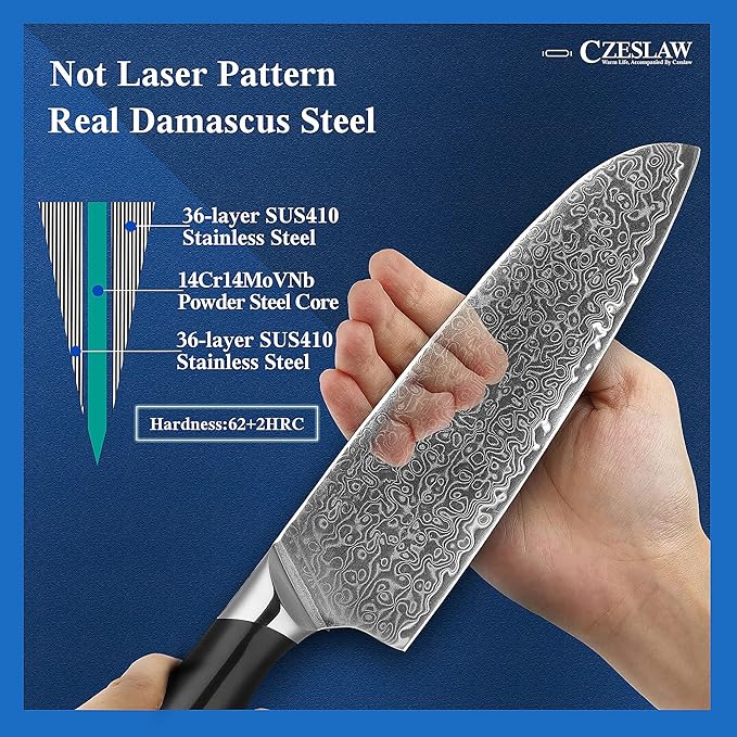 Chef's Knife, 7” Japanese Damascus Chefs Knife, Classic Light Kitchen Knife, Hand Forged Black Japanese chef knife, Professional Sharp Cooking Knife, Full Tang & Ergonomic ABS Handle Design