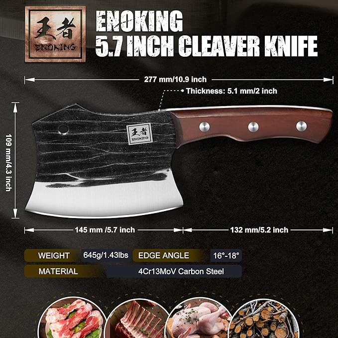ENOKING Meat Cleaver, 5.7 Inch Bone Chopper Axe with Wood Handle, Heavy Duty Full Tang Chopping Knife for Kitchen, Camping, BBQ, Outdoor