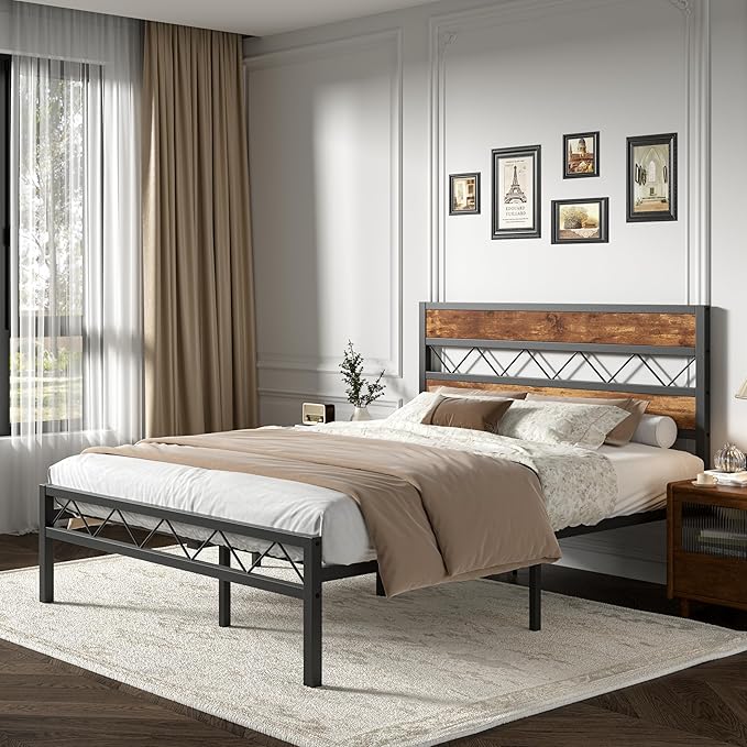 VECELO Queen Size Bed Frame with Headboard, Heavy-Duty Platform Bedframe with Metal Slats Support, No Box Spring Needed, Easy Assembly, Black & Brown