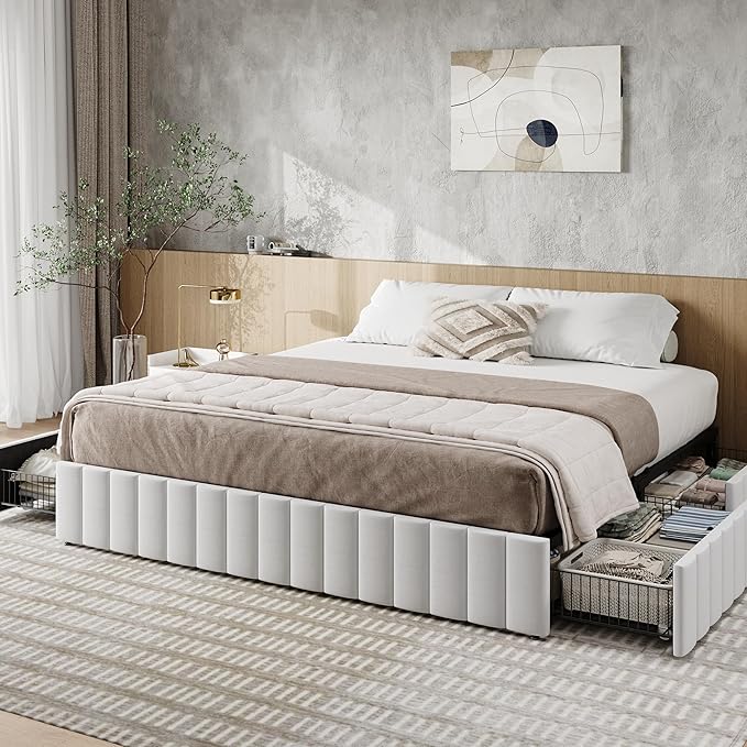 Allewie King Size Platform Bed Frame with 4 Large Storage Drawers, Velvet Vertical Channel Tufted Upholstered Bed Base, Wooden Slats Support, Noise-Free, No Box Spring Needed, Easy Assembly, White