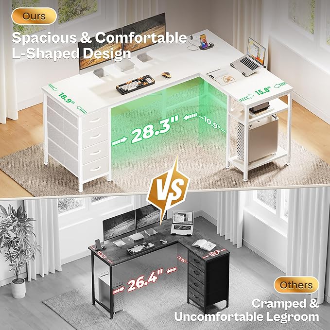 Huuger 55 Inch L Shaped Desk with Fabric Drawers, Reversible Computer Gaming Desk with Power Outlets and USB-C Port, Adjustable Side Storage Shelves, for Work Study Corner Home Office, White