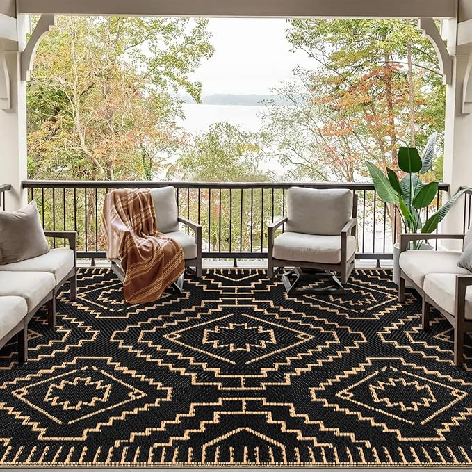 Wonnitar 8x10 Outdoor Rug, Large Waterproof Reversible Outdoor Patio Area Rug, Indoor/Outdoor Plastic Straw Portable Camping Rug for Outside RV Balcony Garden Deck (Black & Brown,8'x10')