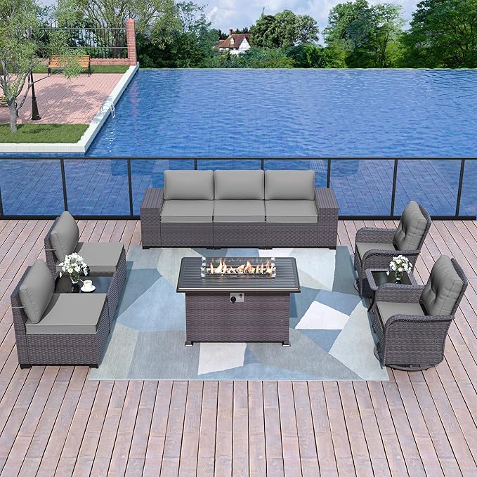 Kurapika 10 Pieces Patio Furniture Set, Rattan Wicker Outdoor Conversation Sets w/43in Propane Fire Pit Table, Swivel Rocking Chairs Patio Sectional Sofa w/4 Inch Cushion, Grey