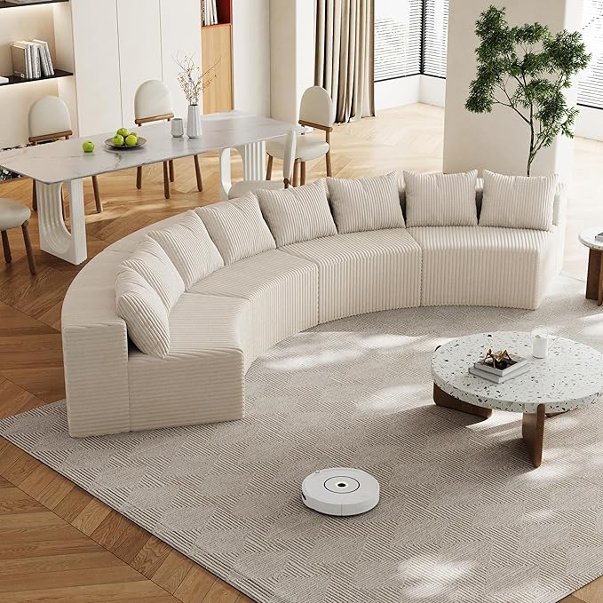 KEIKI Corduroy Curved Sectional Sofa, 4 Seater Symmetrical Modular Semi Circular Couch, Deep Seat Tufted Corner Sofa for Living Room, Lobby, Beige