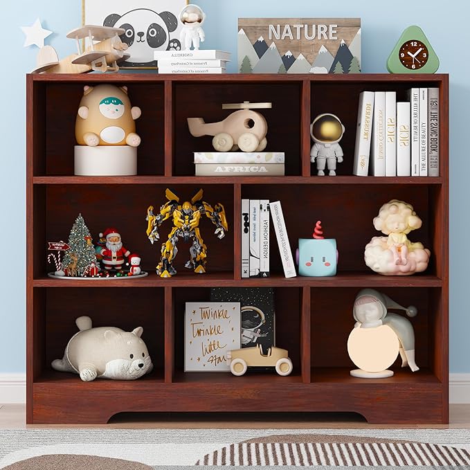 Book Shelf for Kids, 8 Cubes Storage Organizer Montessori Shelf, 3-Tier Wooden Kids Bookcase, Toy Storage Organizer for Children, Cherry Toddler Bookshelf Cube Shelf for Kid’s Room, Classroom