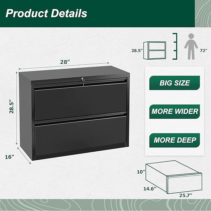 Superday Metal Lateral File Cabinet with Lock, 2 Drawer File Cabinet, Black Filing Cabinets with Lock, Filing Cabinets for Home Office/Legal/Letter/A4, Home Office Furniture for Hanging File