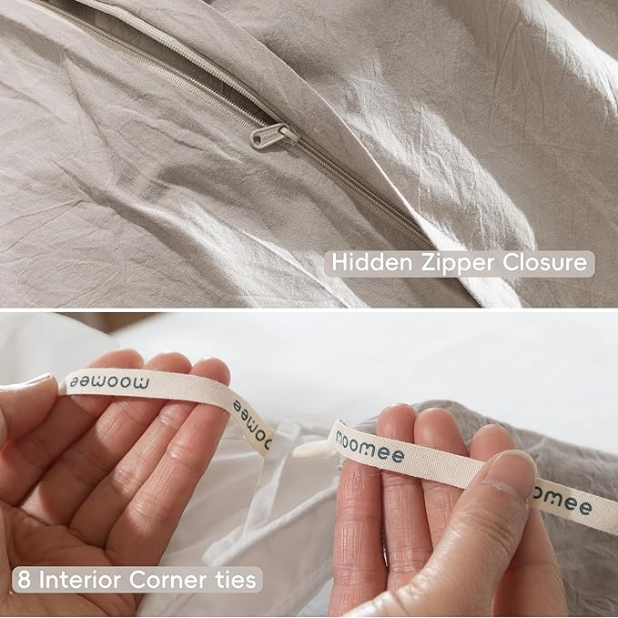 MooMee Bedding Duvet Cover Set 100% Washed Cotton Linen Like Textured Breathable Durable Soft Comfy (Solid Light Tan, Oversized Queen 98"x98")