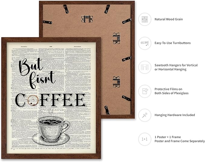 Poster Master Dictionary Art Poster - But First Coffee Print - Cafe Art - Gift for Men, Women, Coffee Lovers & Barista - Funny Decor for Kitchen, Restaurant or Dining Room, 8x10 Brown Framed