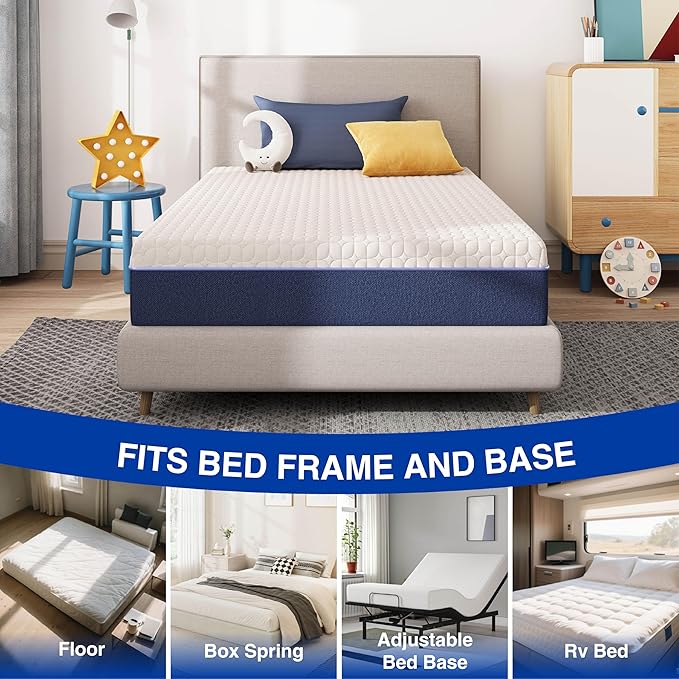 6 Inch Twin Gel Cooling Memory Foam Mattress, Pressure Relief, Medium Firm Support，Bed in a Box, Twin Mattress for Kids, CertiPUR-US Certified