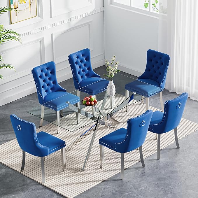 Goujxcy 7 Piece Glass Dining Table Set Modern Glass Dining Table Set for 6, 61" Rectangular Silver Kitchen Table and 6 Velvet Upholstered Chairs, Silver Table & Blue Chair