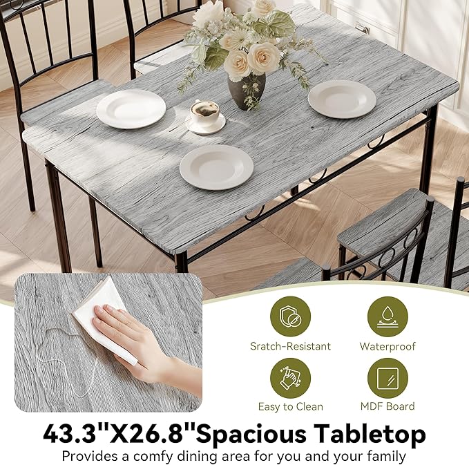 5 Piece Dining Table Set, Wood Kitchen Table and Chairs for Small Space,Breakfast Nook,Easy Assembly,Grey