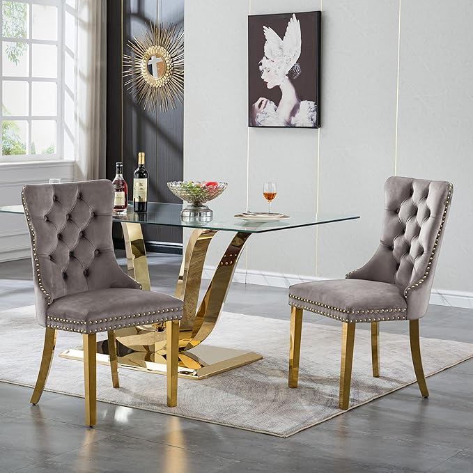 70" Modern Gold Glass Dining Table Set for 4, 5-Piece Rectangle Kitchen Dining Room Table Set with Steel Base & 4 Grey Velvet Upholstered Chairs, Modern Glass Kitchen Table and Chairs Set of 4