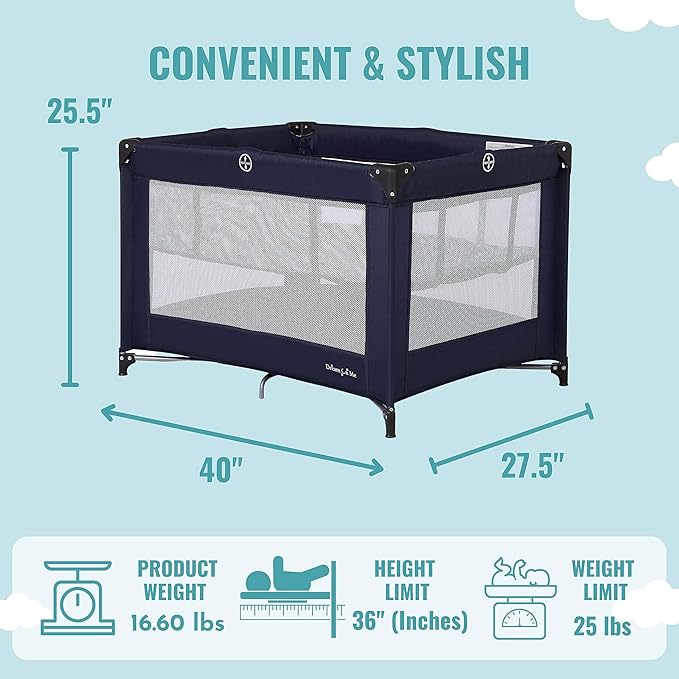 Dream On Me Zazzy Portable Playard with Bassinet in Navy, Packable and Easy Setup Baby Playard, Lightweight and Portable Playard for Baby with Mattress and Travel Bag
