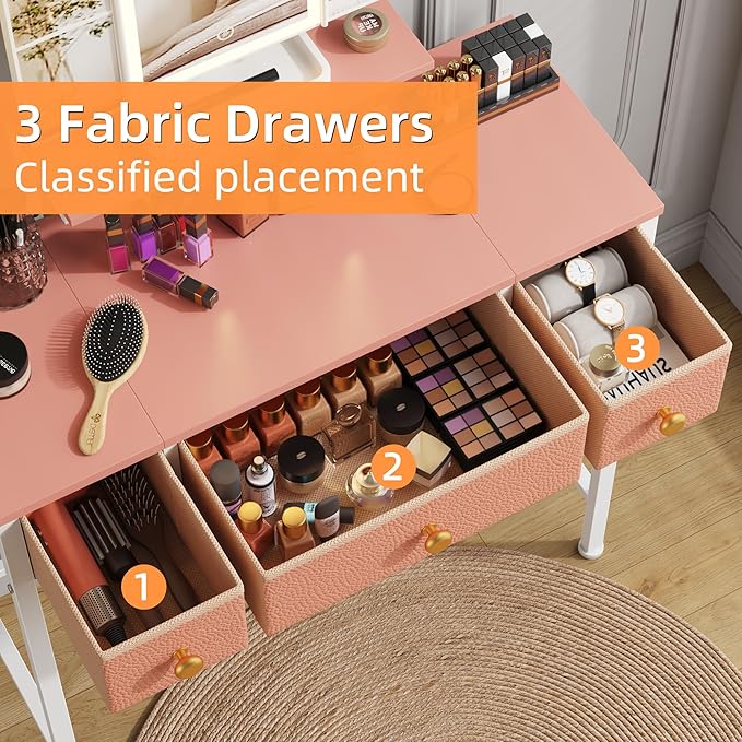 Small Makeup Vanity Desk 27.5''W with Mirror and Lights, Vanity Desk with 3 Fabric Drawers and Height-Adjustable Stand, Vanity Table for Girls Gifts, Bedroom and Small Spaces, Pink