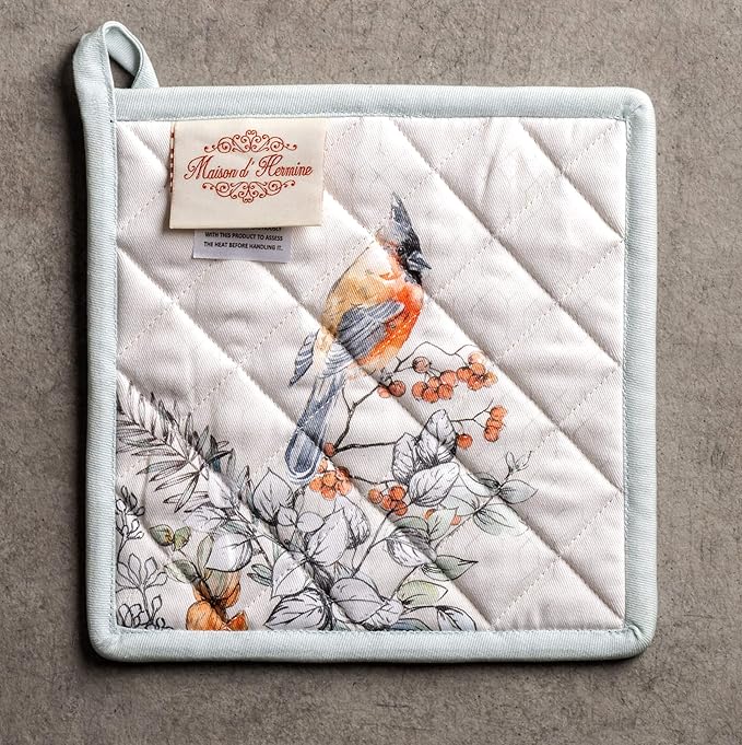 Maison d' Hermine Pot Holders 100% Cotton Heat Resistant Potholders 8" x 8" Hot Pads with Loop for Thanksgiving Christmas Decorations BBQ Cooking Handling Hot Pans (Pack of 1, Whitish Shabby Chique)