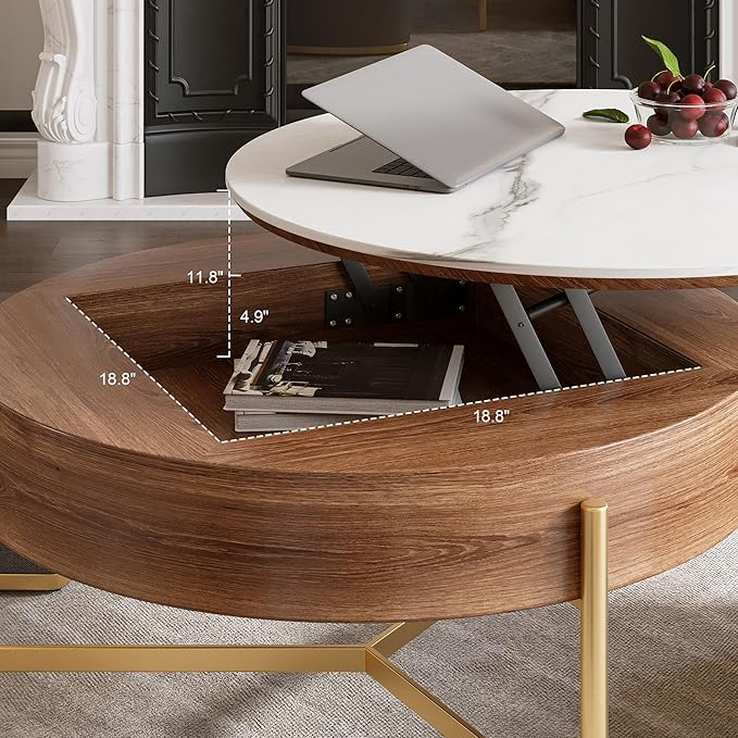 WILLIAMSPACE 31.5" Lift Top Coffee Table Set, Modern Round Marble Coffee Table with Storage & 3 Upholstered Nesting Ottomans, Accent Center Table for Living Room, Apartment