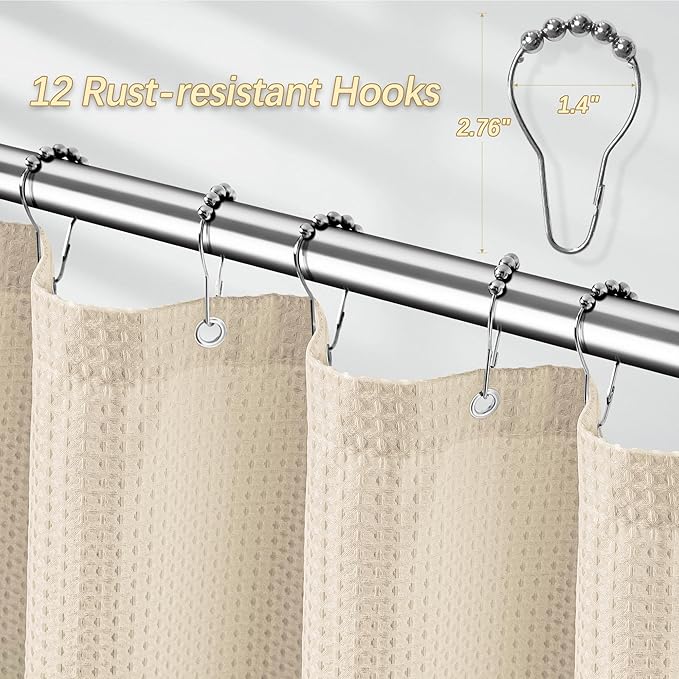 Beige Fabric Shower Curtain - Waffle Textured Heavy Duty Shower Curtains for Bathroom, 256GSM Hotel Spa Luxury Weighted Bath Curtain with 12 Hooks, 72x72, Beige